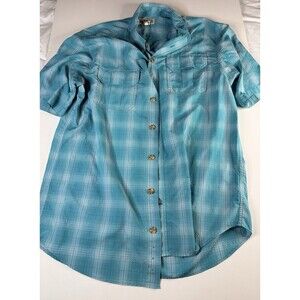 Duluth Trading Mens Plaid Nylon Blend Button Front Outdoor Shirt Sz L Tall Blue